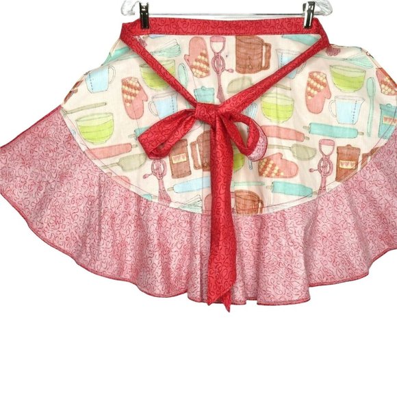 Retro Cooking Half Apron One Size Baking Red Ruffle Pocket Tie Waist NEW - Picture 9 of 11
